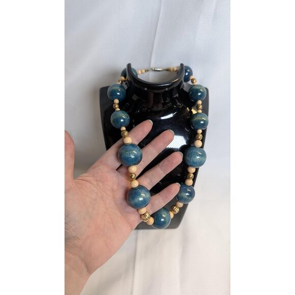 3 for $30 Vintage large block wood necklace | blue, gold and wood tone | retro - Picture 6 of 7